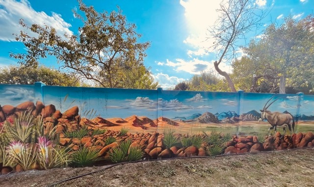 un long graffiti avec un oryx et le désert namibien