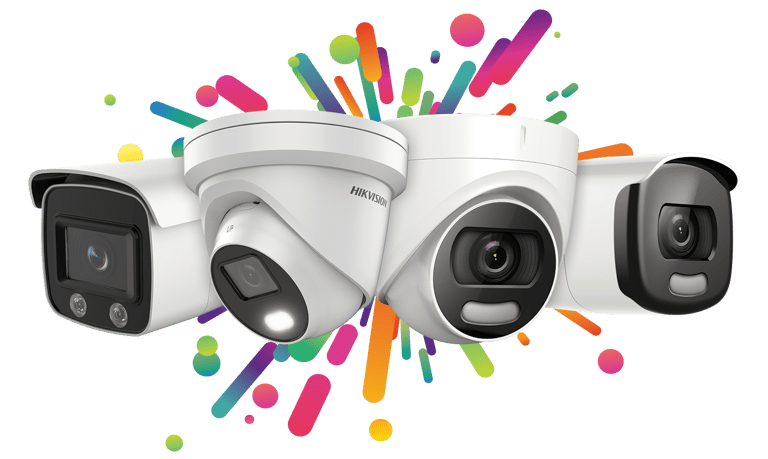 a group of three cameras with a rainbow colored background