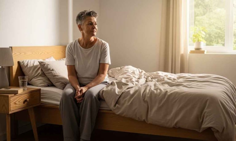 mulher de aproximadamente 55 anos sentado na beira da cama pela manhã, luz natural suave entrando pela janela.