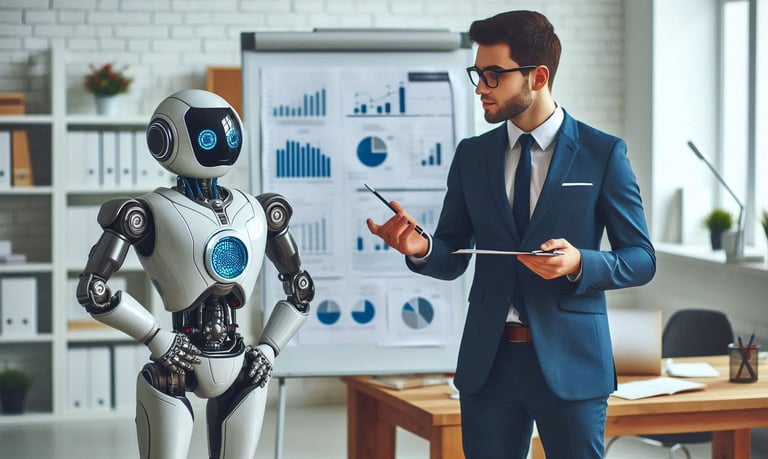 a man in a suit and tie is standing next to a robot