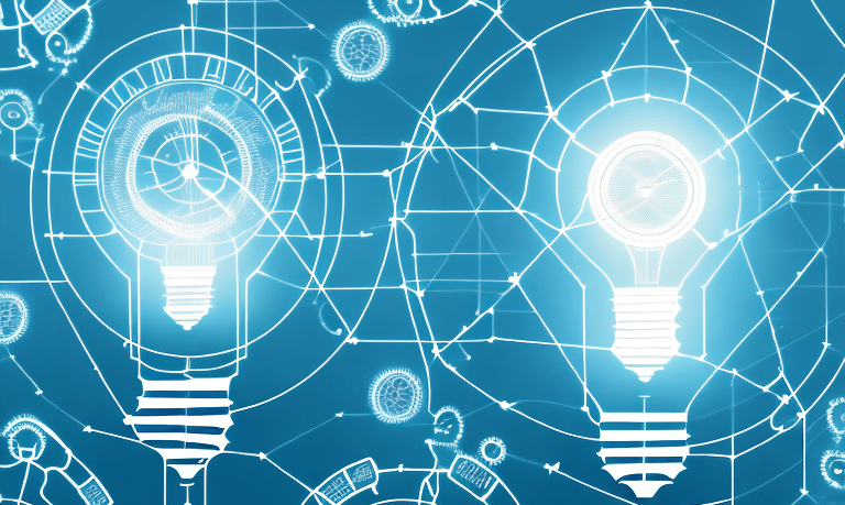 a group of light bulbs with gears and gears on a blue background