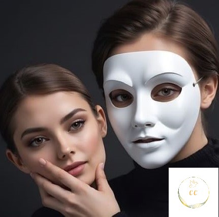 un visage de femme avec un masque blanc tenant à la main son visage sans s