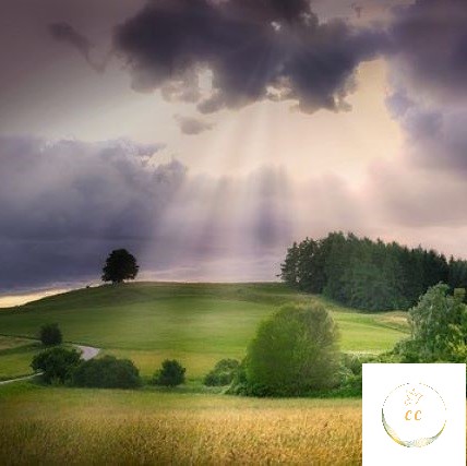 paysage surfait d'un ciel nuageux violet laissant passer ds rayons du soleil qui viennent illuminer la plaine verdoyante,