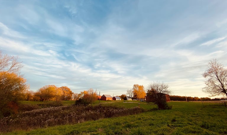 countryside wedding venue galesburg Illinois with open blue sky and trees at sunset
