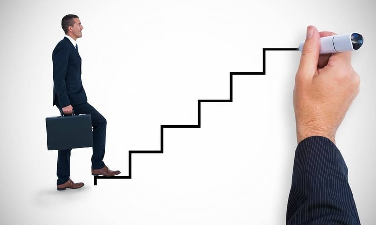 a man in a suit case is standing on a ladder ladder