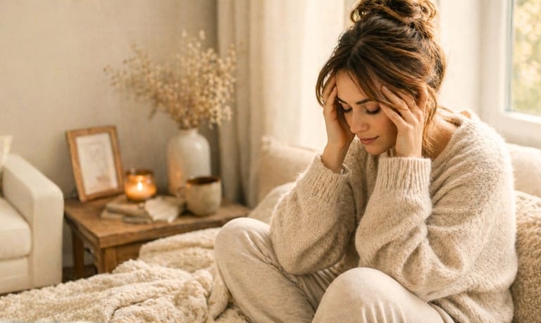 Woman sitting at home feeling stressed and overwhelmed, holding her head — representing fight