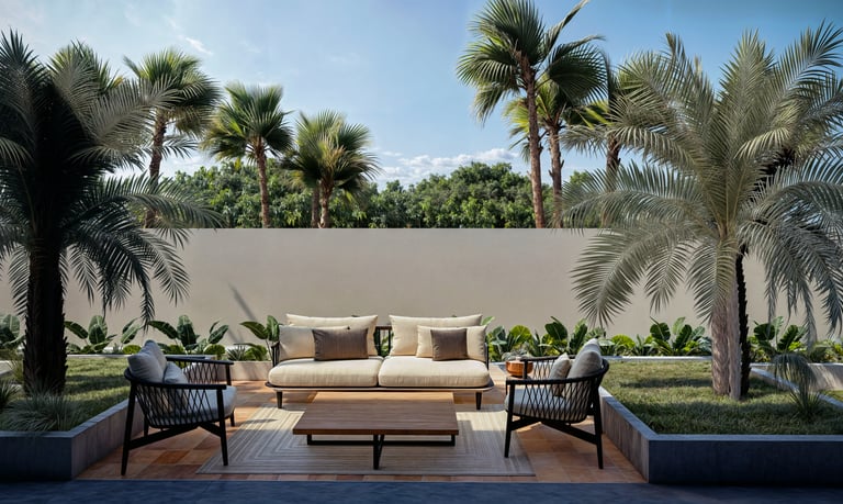 Contemporary villa landscaping at Trump Estates Dubai featuring outdoor lounge seating