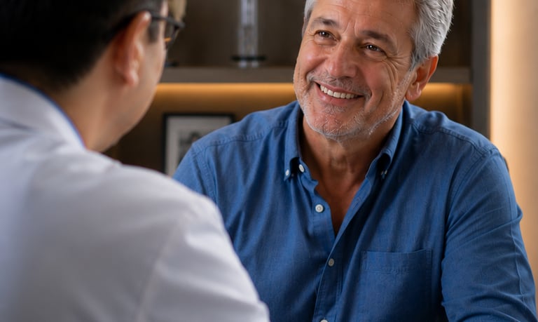 Smiling senior man consulting with a doctor in a medical office for healthcare advice.