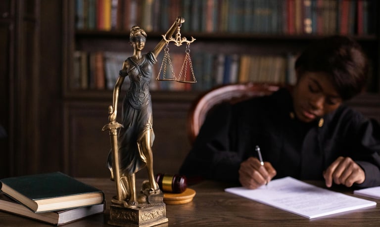 Judge sitting at a desk with a figure of blind justice holding the scales of justice.