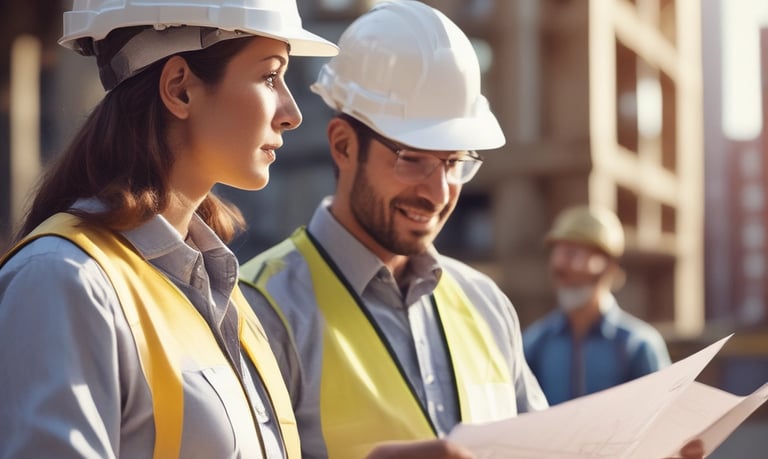A sturdy construction site with workers in yellow helmets and navy blue uniforms coordinating a modern building framework.