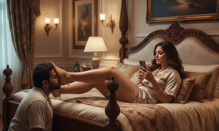 a indian adult girl in bedroom putting their feet on one indian boy and scroll mobile