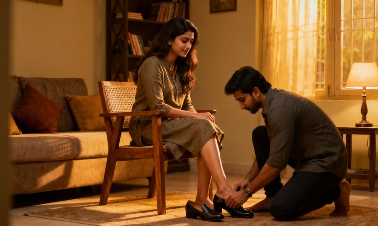 a indian wife sitting on chair in home a husband remove their shoes