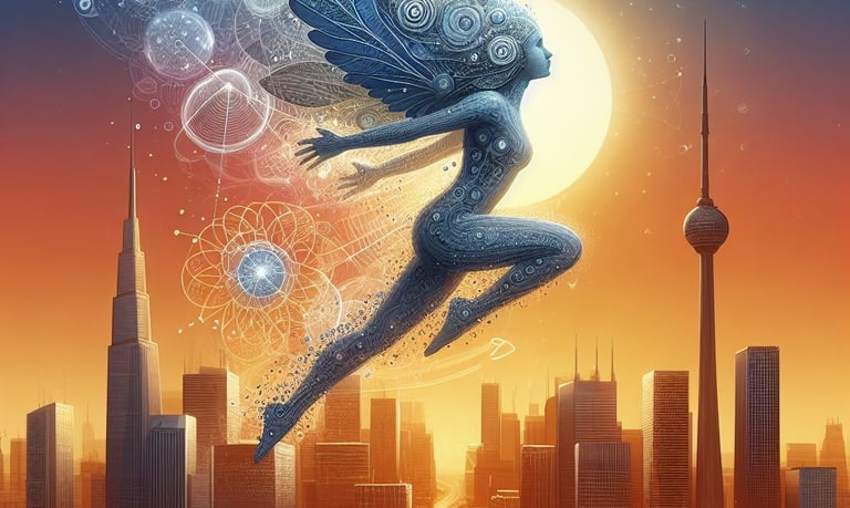 An innovative woman flying through the air with a bird in the sky over the community