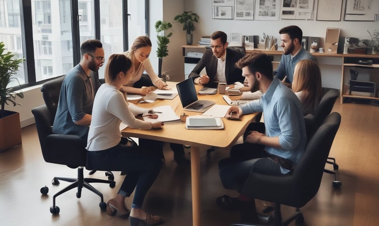 A diverse group of professionals collaborating in a modern office space.