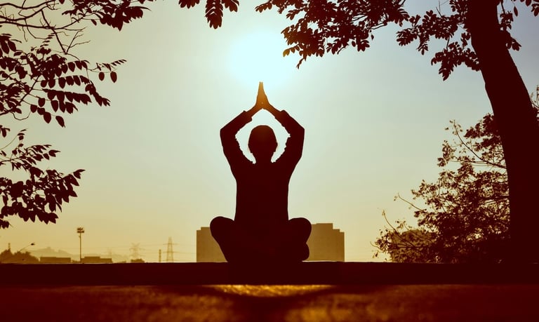 a person sitting on a ledge with a sun in the background