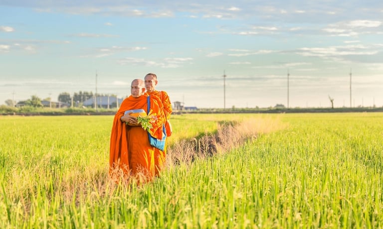 Asia retreat - two monks in a field with a sky background