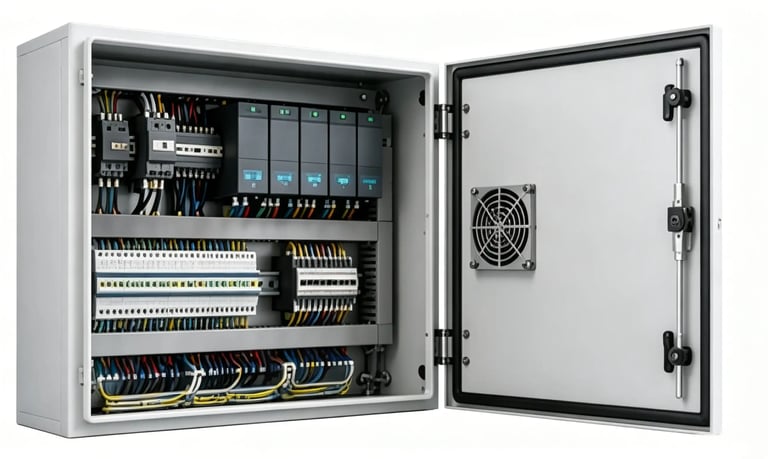An open electrical control panel showing PLC modules, circuit breakers, and organized wiring.