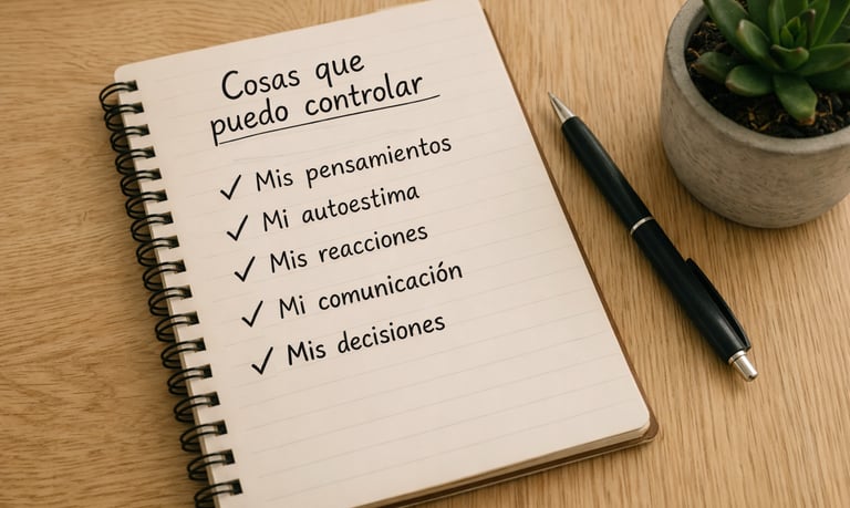 Cuaderno de espiral con una lista de cosas que puedo controlar, incluidos pens