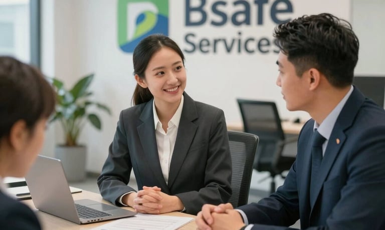 A professional consultant discussing safety plans with a client in a modern office setting.
