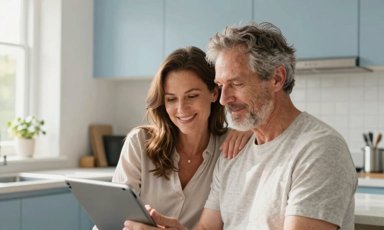 A high-quality lifestyle photograph of a Northern European / British couple in their mid-40s sitting in a sunlit, modern kitchen in London, looking at a digital tablet together with expressions of relief and happiness. The room is decorated in soft blue and cloud white tones, emphasizing a peaceful atmosphere.
