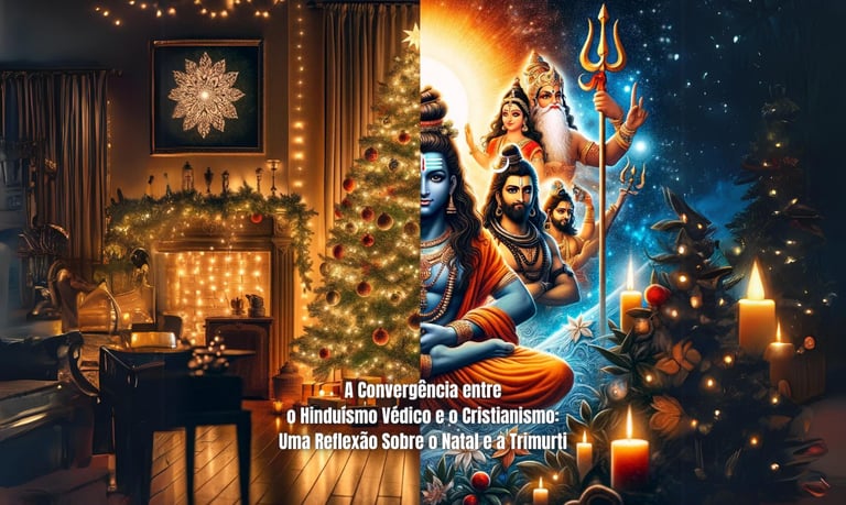 imagem composta que mostra de um lado uma cena natalina clássica, e de outro a Trimurti