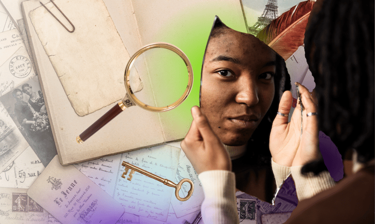 mulher se autoconhece ao espelho no diário com lupa que abre a chave