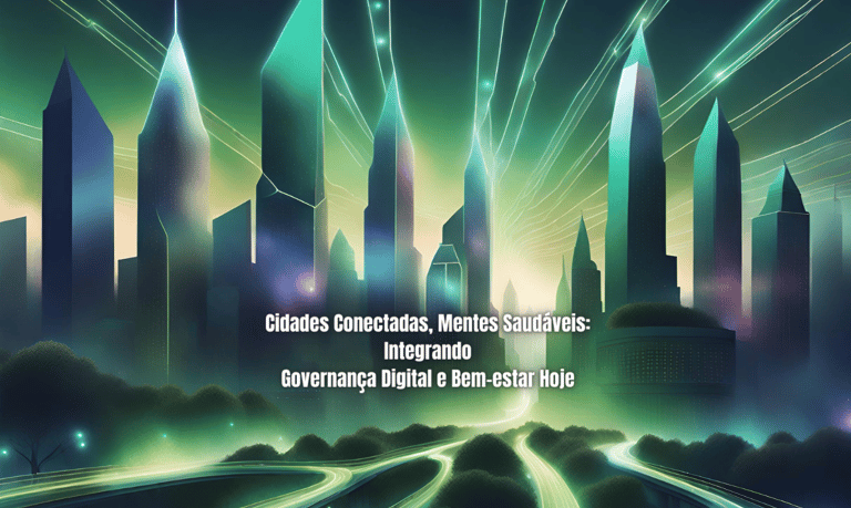 uma cidade moderna interconectada, com elementos digitais e áreas verdes
