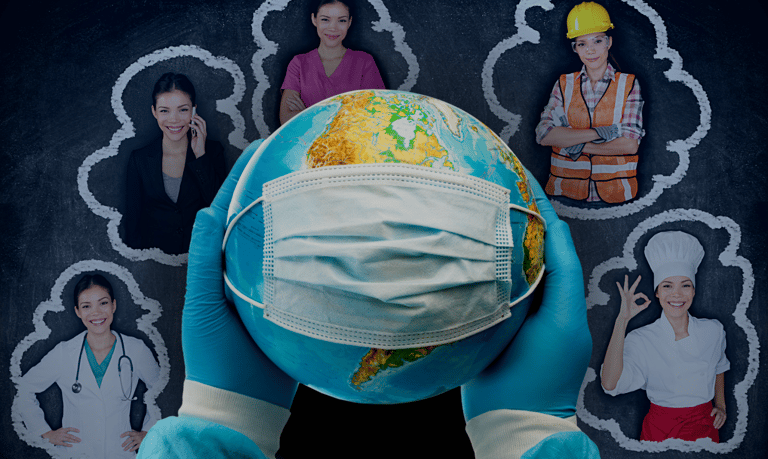 O planeta Terra de máscara com mulheres profissionais ao fundo