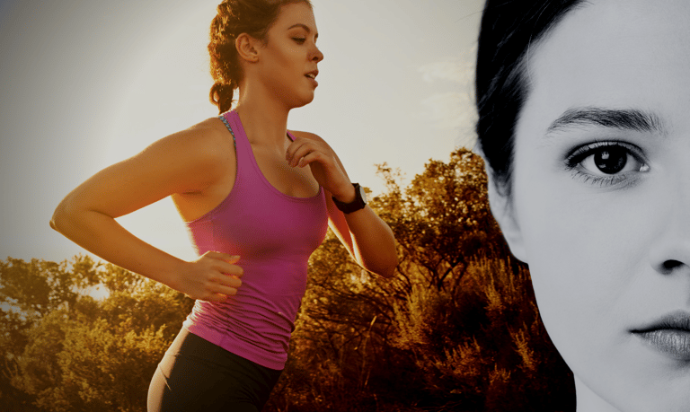 um rosto de olhar resoluto e jovem pratica corrida ao fundo