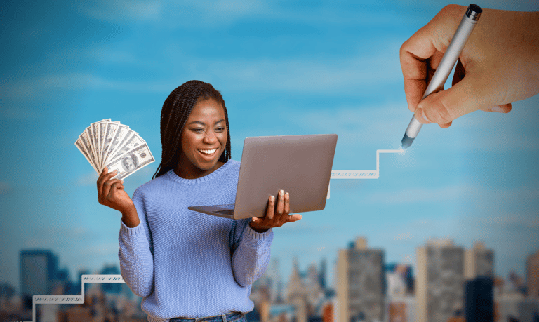 mulher expressa ganhos no mercado digital com a escada da carreira digital ao fundo