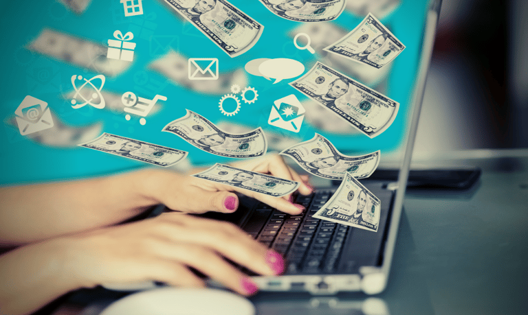 mãos femininas teclam notebook que expressa prosperidade do mercado digital