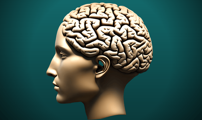 Neurociência representada como perfil de mulher com cérebro exposto em fundo verde