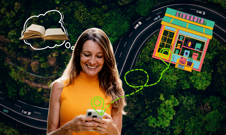 consumidora usa um celular para a jornada de compra de um livro