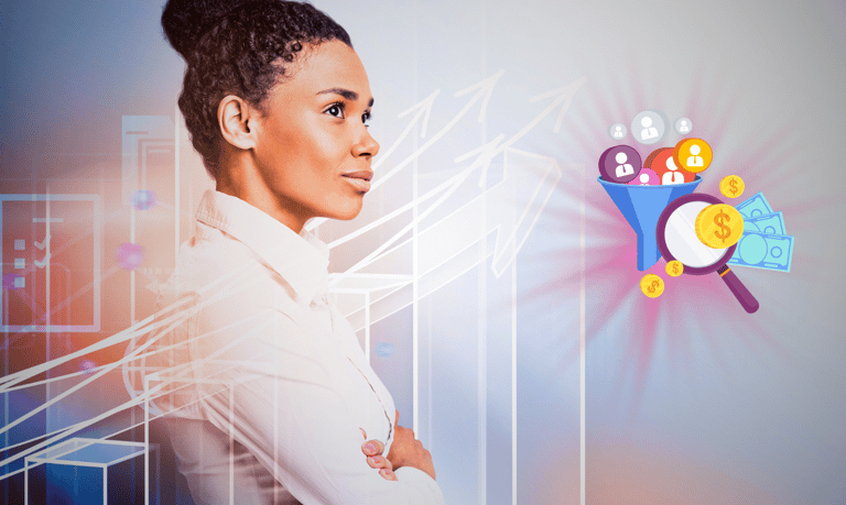 mulher forte e confiante com ícones de ferramentas digitais e gráficos de crescimento