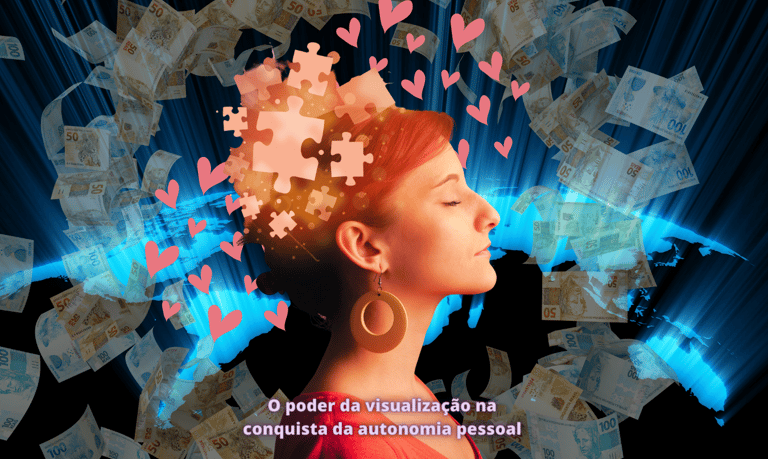 uma pessoa feliz e confiante, rodeada por símbolos de sucesso visualiza e realiza metas