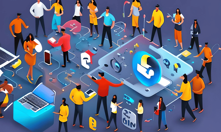 Desenho colorido e diversificado de pessoas interagindo em diferentes plataformas de redes sociais