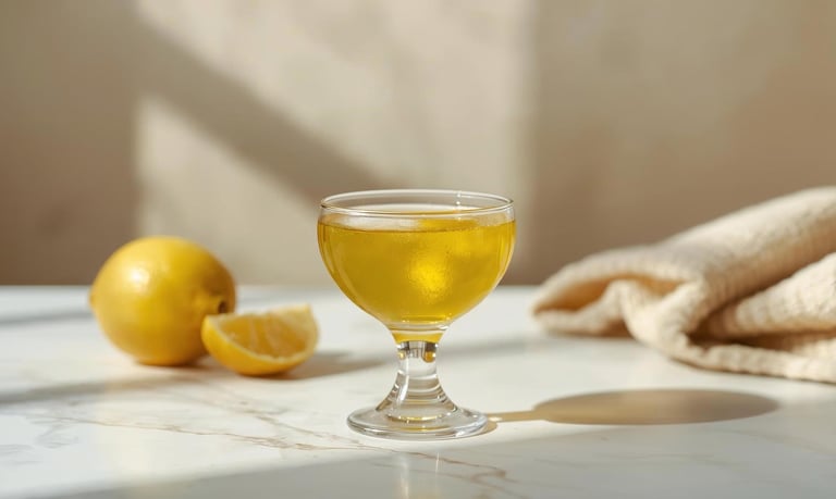 A lemon juice and olive elixir shot.