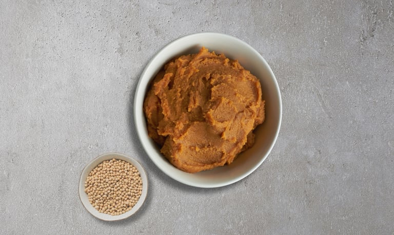 A bowl of miso paste with a bowl of soybeans on a concrete kitchen counter