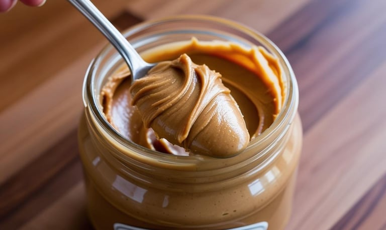 An open jar of creamy peanut butter with a spoon.