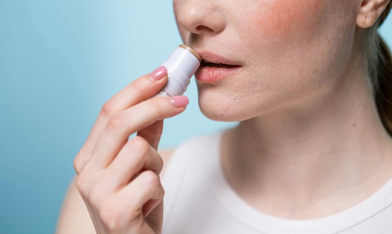 A woman pracitcing lip care by applying lip balm