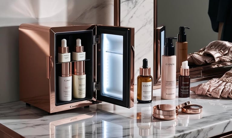 A small fridge filled with various skincare products.