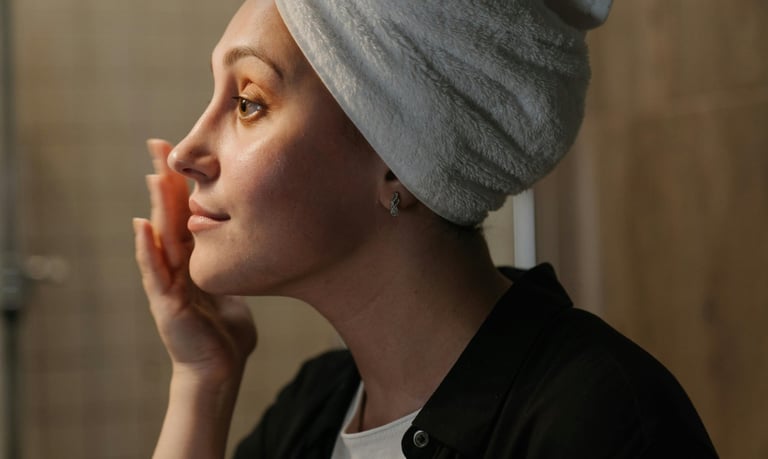 A woman in a black shirt and toweled hair applying a skincare product