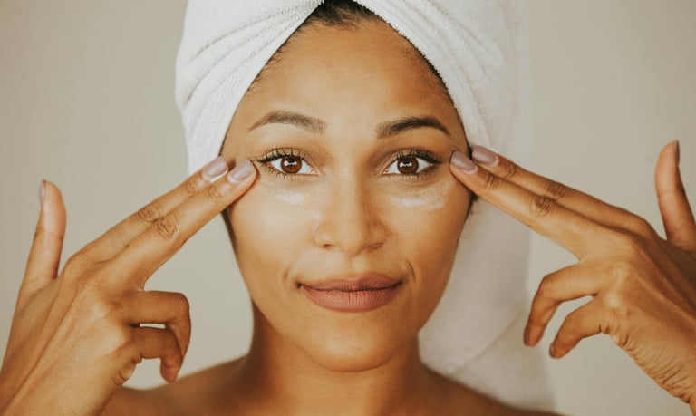 Woman with towel-covered hair applying a skincare product around her eyes