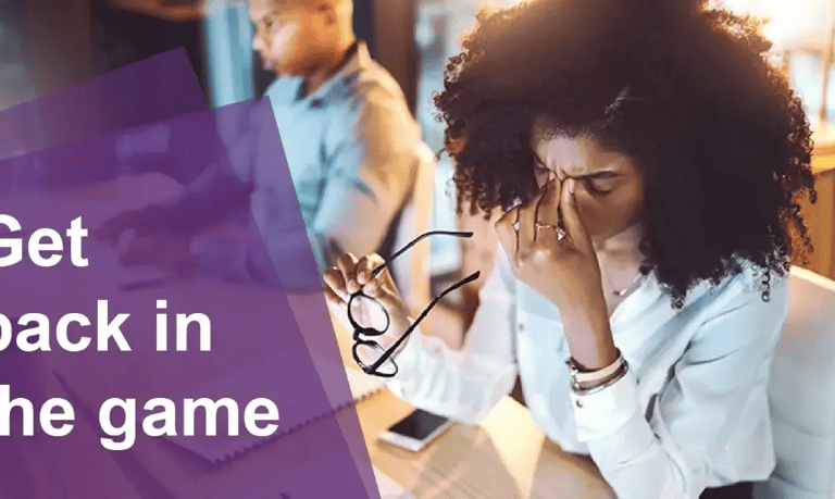 woman with migraine at work, text 'get back in the game'