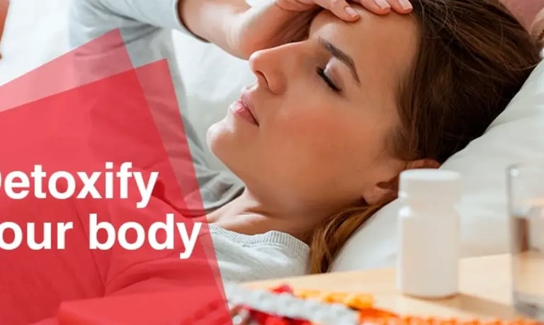 woman with headache in bed, text 'detoxify your body'