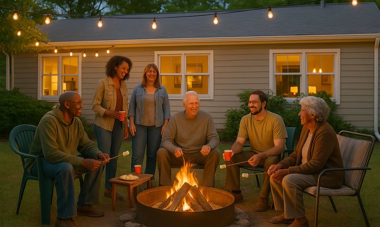 a group of people sitting around a fire pit