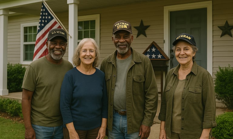 a group of people standing in front of a house