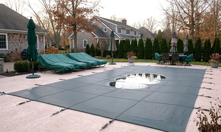 Closing pools for winter Central New York with a covered residential pool in a backyard prepared for