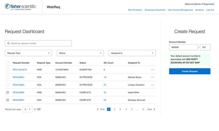 Fisher Scientific WebReq request dashboard interface showing laboratory order status and account management.
