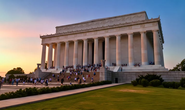 Iconic Lincoln Memorial at sunset in Washington DC, featuring crowds on the grand white marble steps.
